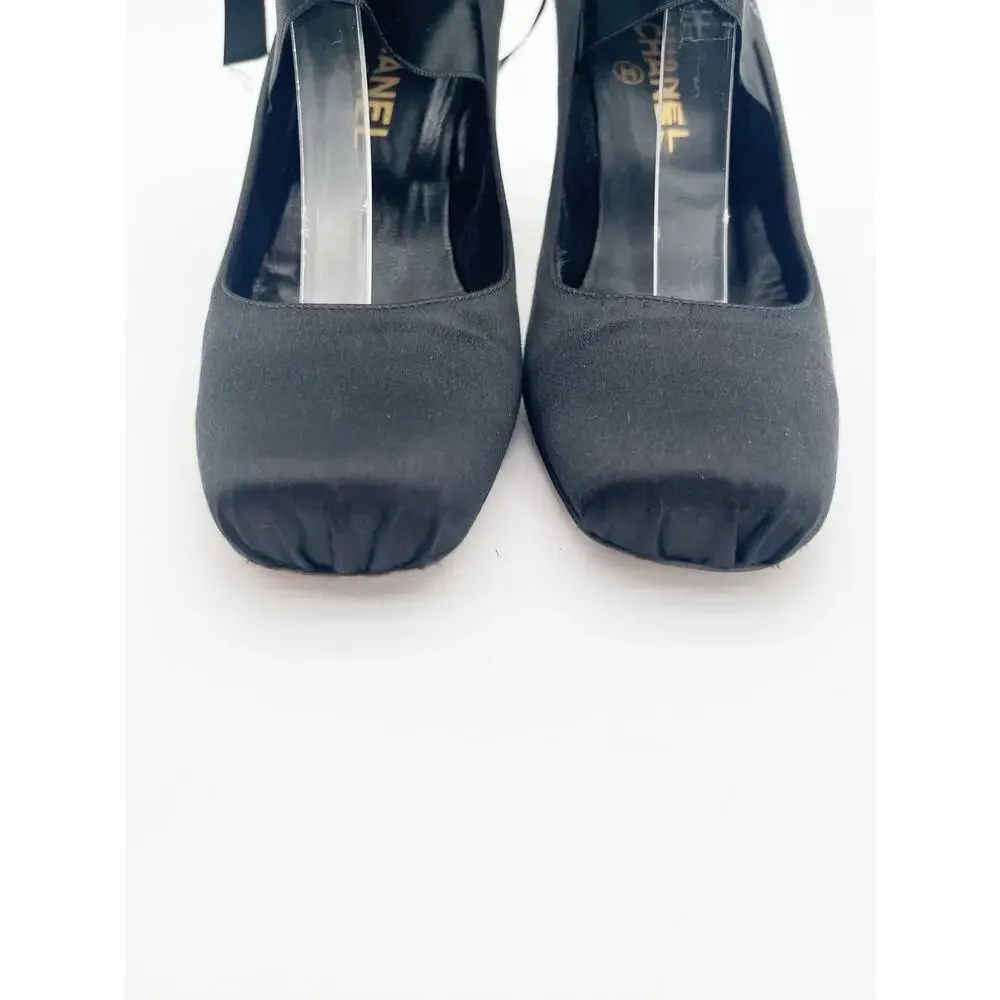 Chanel Vintage Black Satin Crystal Logo Ankle Lace Up Ballet Pumps Heels EU 37.5